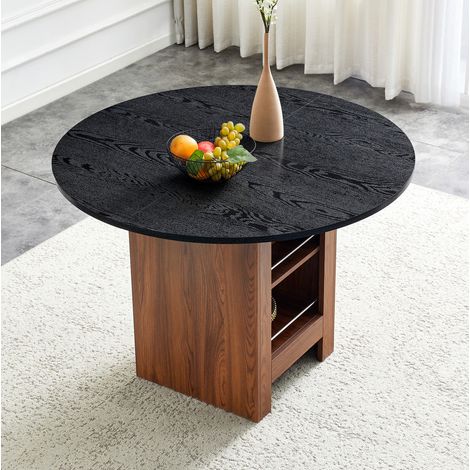 Tavolo rotondo da pranzo in MDF noce e nero con ripiani portaoggetti, Ø100x76 cm (1/5)