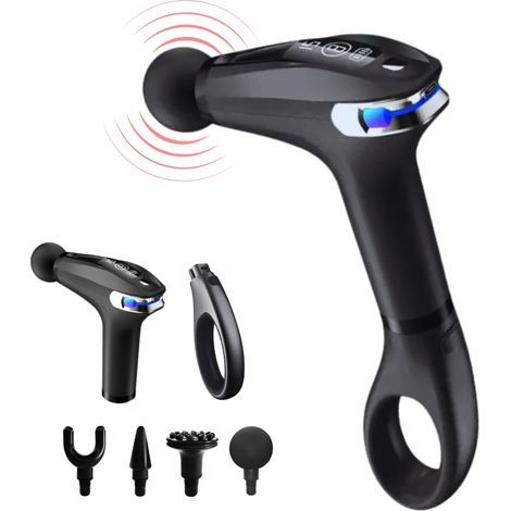 Pistolet de massage musculaire à percussion avec manche extensible pour tout le corps, masseur cervical et dos en tissu profond, pistolet de massage électrique, 9 modes et 4 têtes. Soulage les (1/5)