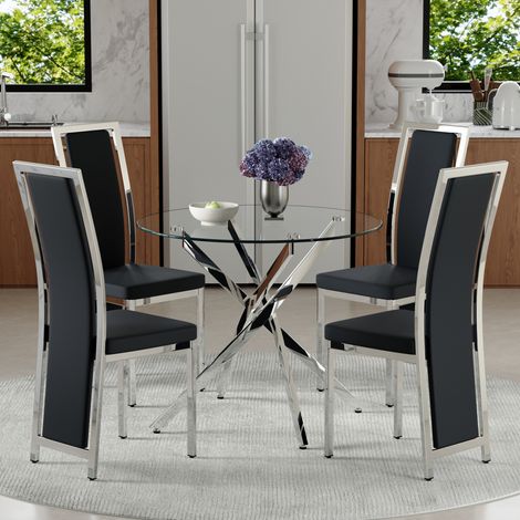 Conjunto mesa y 4 sillas de comedor redonda 88 cm vidrio templado y PU negro plata (1/5)