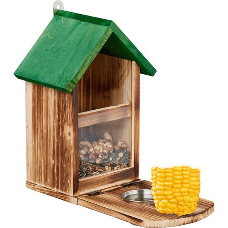 Relaxdays Eichhörnchen Futterhaus, Holz, Eichhörnchenfutterstation mit Maiskolbenhalter, Napf, Sitzplattform, natur/grün