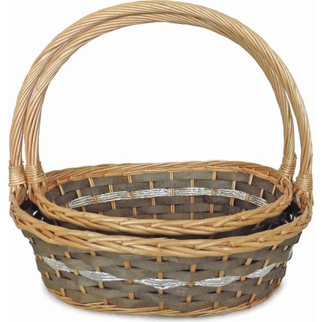 Cesto ovale con manico in vimini grigio, set di 2, 50x42H15 e 46x36H14 cm