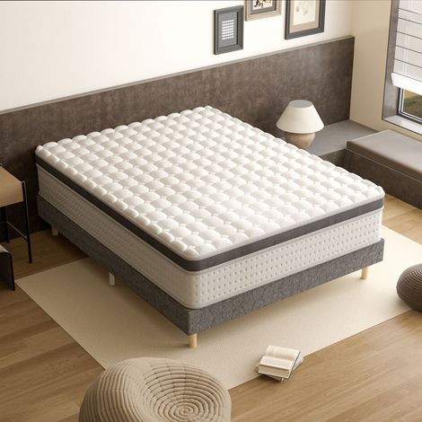 DEWINNER 140×190 cm Ensemble lit, Sommier tapissier Marron à 9 Pieds + Matelas Hybride Blanc 25 cm avec Ressorts ensachés et Mousse à mémoire, Fermeté Moyenne, Certifié Oeko‑TEX (1/5)