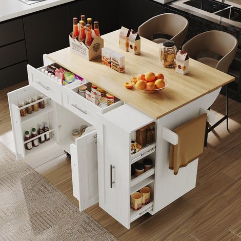 Isla de cocina 110x46x90.5 cm blanca en MDF y metal con tablero abatible y ruedas con freno (1/5)