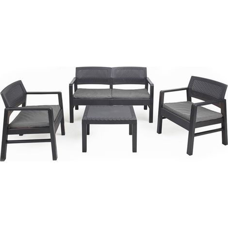 TRADE SHOP - Set Salotto Giardino Esterno Con Divano 2 Poltrone Tavolino Effetto Rattan Con Cuscini - Antracite