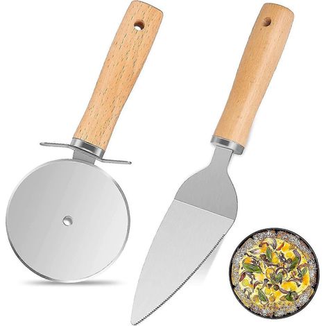 Ensemble de 2 outils à pizza, rouleau à pizza et pelle à pizza avec lame en acier inoxydable et manche en bois, pour couper pizza, gâteau et pain (bois col. (1/4)