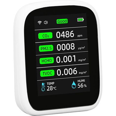 Tragbarer Luftqualitätsmonitor mit WLAN-Funktion: Präzise Messung von PM2,5, CO2, TVOC, HCHO, Luftfeuchtigkeit, Temperatur und Innenraumtemperatur – ideal für Zuhause, Schule, Hotel und Auto. (1/5)