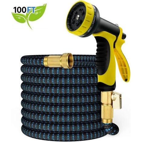 Tuyau d\'arrosage Extensible [100 Feet / 30M] - Pistolet de 10 Fonctions + Connecteurs Métallique + Triple Noyau de Latex (1/4)
