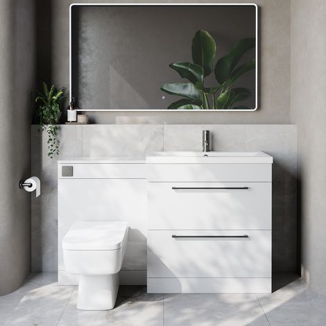 Napoli 390 Cento Gloss White 1400mm 2 Drawer Vanity Unit Toilet Suite with Glide Basin - 1400mm - Gunmetal Grey 480mm HandleWith Kingston Toilet Pan and Seat