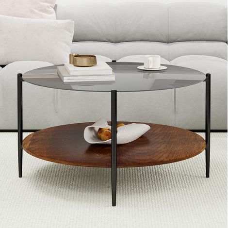 Tavolino da caffè rotondo 82x82x45 cm nero e legno con doppio ripiano in vetro temperato (1/5)
