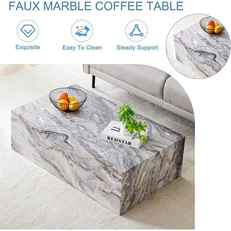 Table de salon rectangulaire grise, avec texture imitation marbre. Dimensions : 90×50×30 cm. Matériau : MDF. Pas besoin d’installation particulière. (1/5)