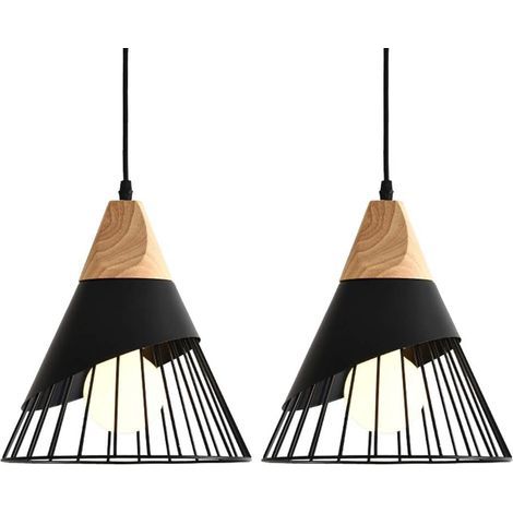 Nordische moderne minimalistische Pendelleuchte aus Holz, kreativer Vintage-Kronleuchter aus Eisen, E27, höhenverstellbare Deckenleuchte für Schlafzimmer, Restaurant, Café (Schwarz)