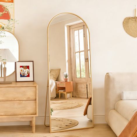 Miroir pleine longueur 164 x 54 cm, miroir arqué lisse avec cadre en aluminium, miroirs de sol ou mural HD suspendu ou contre le mur, Doré (1/5)