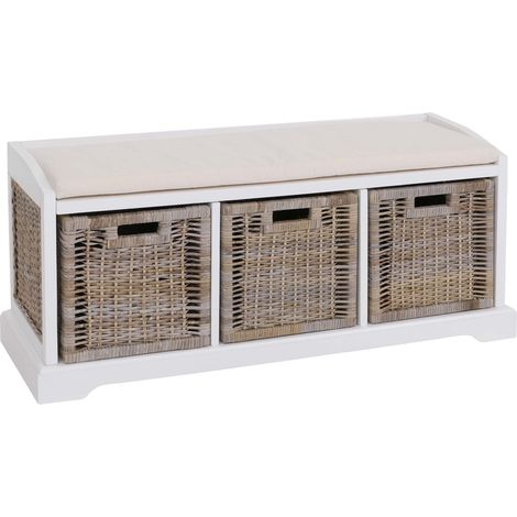 [NUNCA USADO] Banco Bienne, caja de almacenaje, 3 cestas, mimbre ratán Kubu, 112x46x37cm, blanco (1/5)