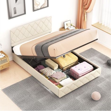 Cama con almacenamiento 140x200 cm con somier de láminas, tejido de terciopelo holandés, color beige, adecuada para niños y adolescentes (Sin colchón)