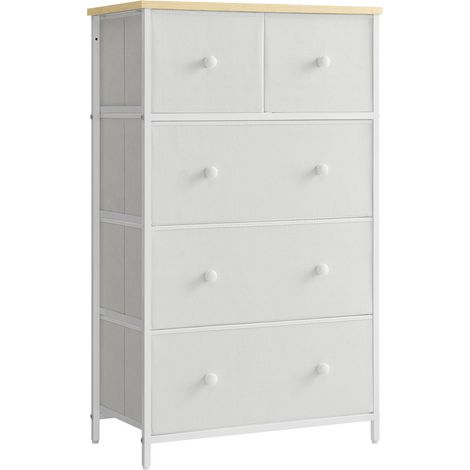 Songmics – Commode enfant 5 tiroirs en tissu – Dimensions 56 x 30 x 93 cm – Cadre en métal et panneaux d’aggloméré – Design élégant blanc et bois