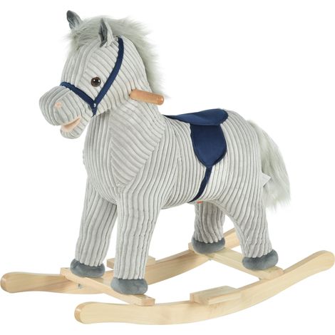 Cheval à bascule interactif enfant 3-6 ans sons réalistes peluche grise 73x35x64cm