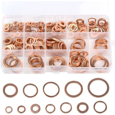 Assortimento di 300 anelli di tenuta in rame, kit di guarnizioni piatte in rame, 12 diverse misure, kit di rondelle di tenuta piatte in rame metriche