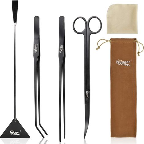 Long Outil d'Aquarium en Acier Inoxydable, 4pcs Plantes Aquatiques Pincettes Ciseaux Spatule Kit avec 1 Chiffon de Nettoyage pour Aquarium Débutant (1/5)