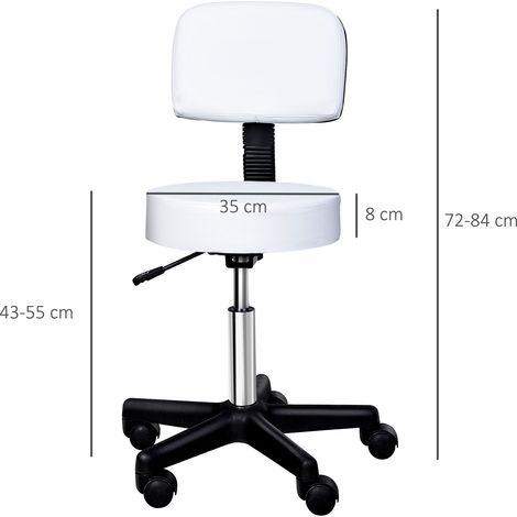 Sgabello con ruote regolabile in altezza e schienale, girevole 72-84 cm, sgabello da lavoro girevole a 360°, sgabello da ufficio per ufficio, salone, massaggi, spa, bianco (1/5)