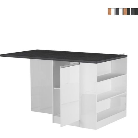 Isla central con mesa para cocina moderna 2 puertas 160x90x90cm Grover - Blanco - Gris