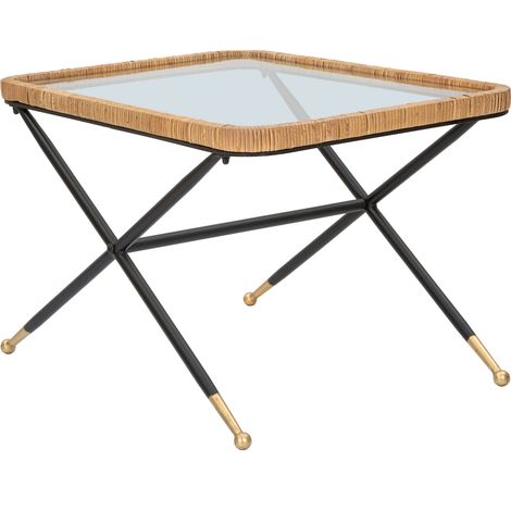 Wohnzimmertisch Trat, Rattan-Effekt, rechteckig, Platte transparent, 70x50x45h cm, Schwarz