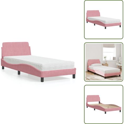 The Living Store Lit avec matelas Dover rose 90x200 cm velours - Matelas en mousse (1/5)