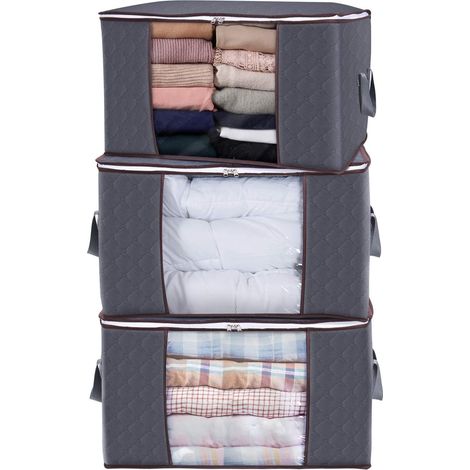 Lot de 3 Sac de Rangement pour Couette en épais Non-tissé Sac de Rangement sous Lit pour édredons Couvertures Oreillers Jouets Vestes Vêtements, Gris, 60 x 43 x 35 cm-Fei Yu (1/4)