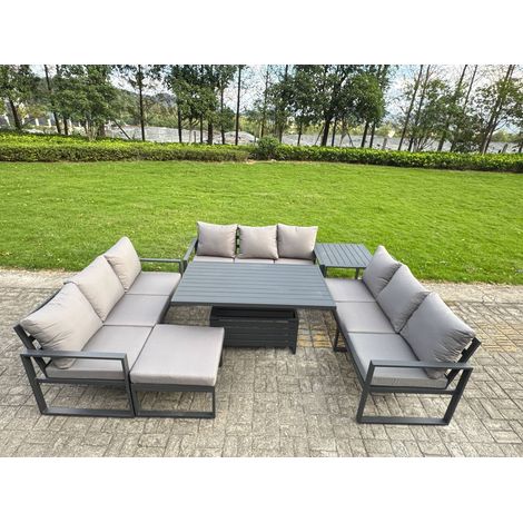 Fimous U-shaped Garden Furniture Set 10-Seater Aluminium Outdoor Dining Set with Adjustable Rising Lifting Dining Table Side Table Big Footstool Dark Grey