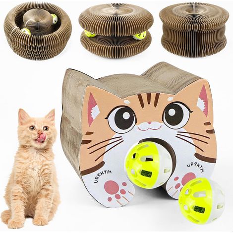 Griffoir pour chat en carton ondulé pliable avec balles interactives et clochettes, jouet stimulant pour griffes et exercice, design modulable et écologique