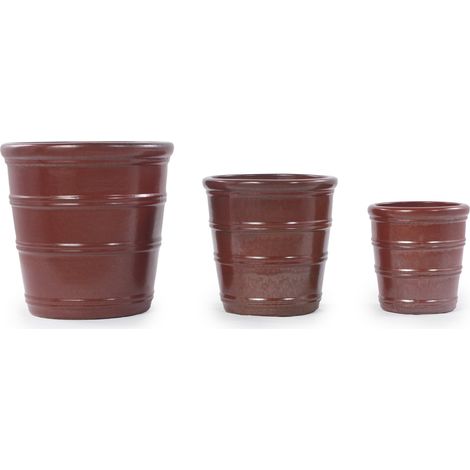 Set di 3 vasi in ceramica smaltata marrone rossiccio, con rilievo orizzontale (1/5)