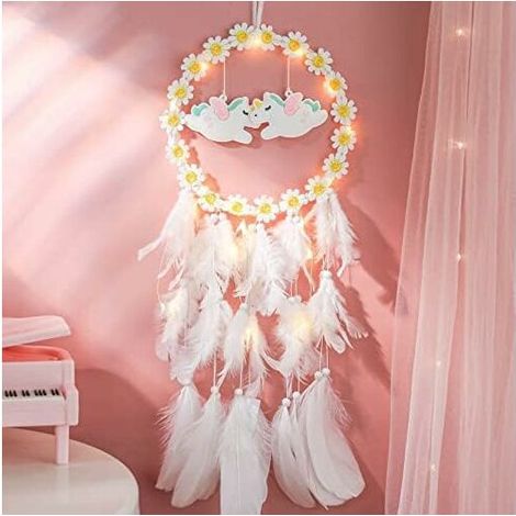 Attrape Reve Enfant,Attrape Rêve Fait à la Main avec des Lumières LED pou Deco Chambre Fille Décoration de Chambre Enfants Cadeau Maison Décoration(Blanc) (1/5)