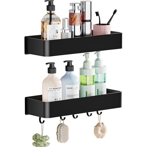 Duschablage ohne Bohren, 2 Stück Aluminium Badezimmer Organizer mit 5 Haken, Wasserdichter, Rostfrei und Langlebige Shampoo Halterung Duschregal, Schwarz (1/5)