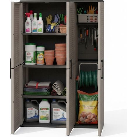 Dmora - Armadio da esterno Amordel, Mobile outdoor, Armadio balcone multiuso, 100% Made in Italy, Grigio e Nero, Finitura righe, 102x37h163 cm (1/5)