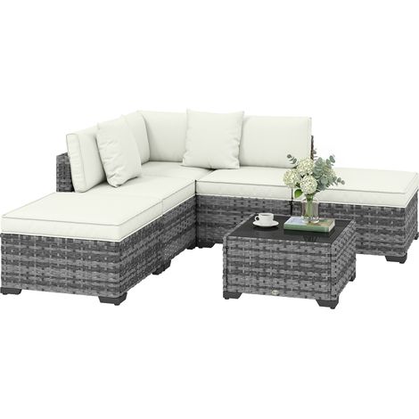 Polyrattan Gartenmöbel Set 6-teilig Rattan Sitzgruppe mit Sofa Couchtisch und Kissen Stahlrahmen Grau