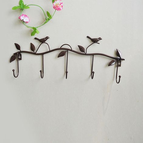Crochets muraux en fer, résistants, décorés de feuilles et d'oiseaux - bronze. (1/5)