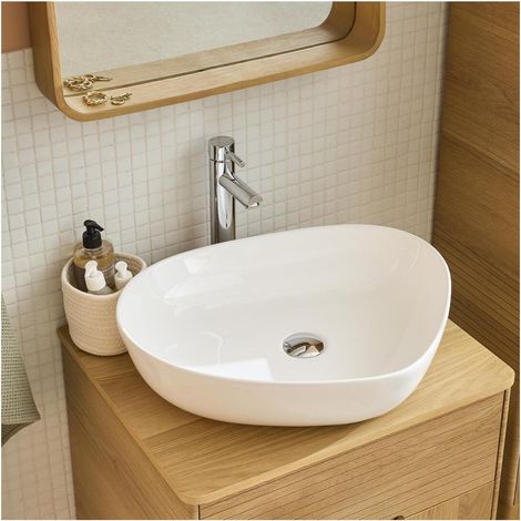 Mob-In – Vasque à poser galet céramique blanche 56x45cm – Surface lisse pour nettoyage facile – Sans plage de robinetterie ni trop-plein