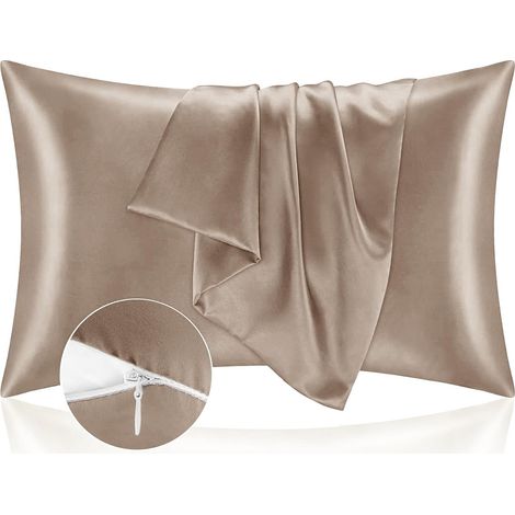 Federa in raso 51x75 cm, la fodera per cuscino in raso protegge la pelle e i capelli - ultra morbida e ipoallergenica - set di 2 federe con cerniera, caffè (1/5)