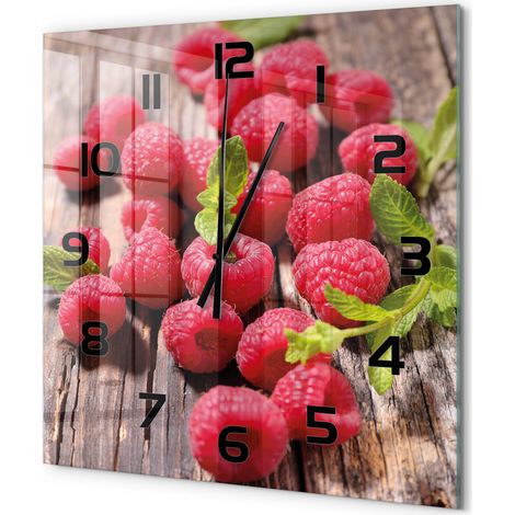 Grande Horloge Murale Carrée Décoration Cuisine en Verre Trempé Silencieuse Moderne Framboises 60x60 cm (1/5)