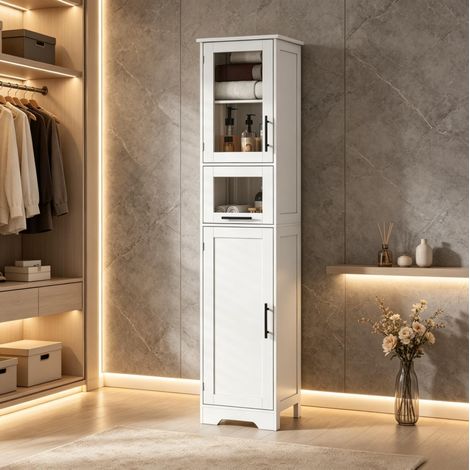 Badezimmer-Hochschrank 40 x 31 x 170 cm, 1 Schublade, 2 Türen, weiß HAVRYA (1/5)