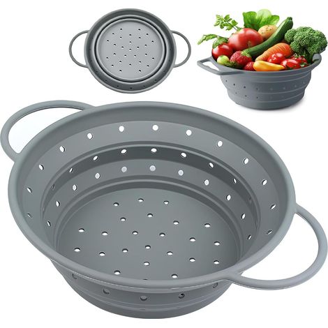 Passoire à Pâtes Pliable en Silicone avec Poignées, Colander Panier de Lavage, Égouttoir Pliable, Passoire Filtre de Cuisine Multifonctionnelle pour Pâtes, Fruits, Légumes, 21,5 cm (Gris) (1/5)