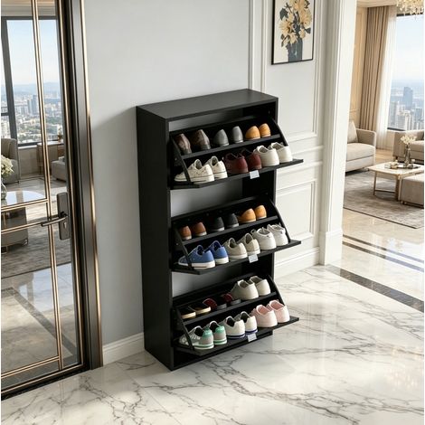 MEUBLIV Mobile portascarpe nero 60x26x124 cm – 3 ante a ribalta, salvaspazio (1/5)