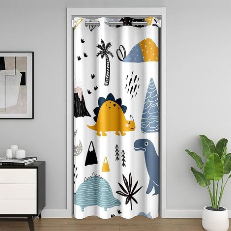 Dinosaures Rideau de Porte 86x203cm Mignon Jungle Dino Rideaux de Chambre Animaux Sauvages Rideau Occultant Animaux Sauvages Bleu Jaune Rideaux Exterieur d'entrée - 86L X 203H cm (1 Panneaux) (1/5)