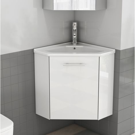 Meuble vasque d'angle blanc brillant avec lavabo céramique, pare-éclaboussures, préassemblé, MDF (1/5)
