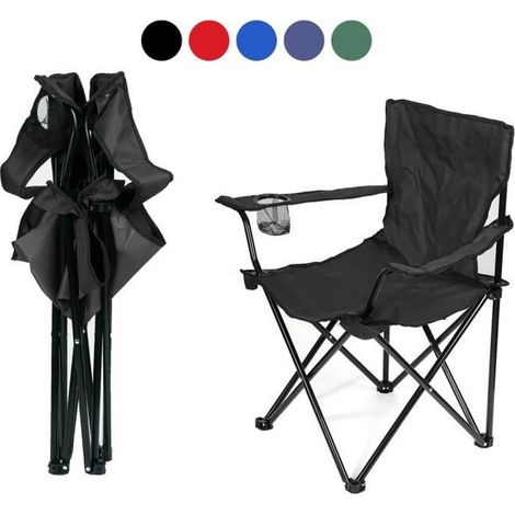 Chaise pliante d'extérieur MENGDA - Noir - Pour camping, plage, barbecue - Porte-gobelet et sac de rangement (1/4)