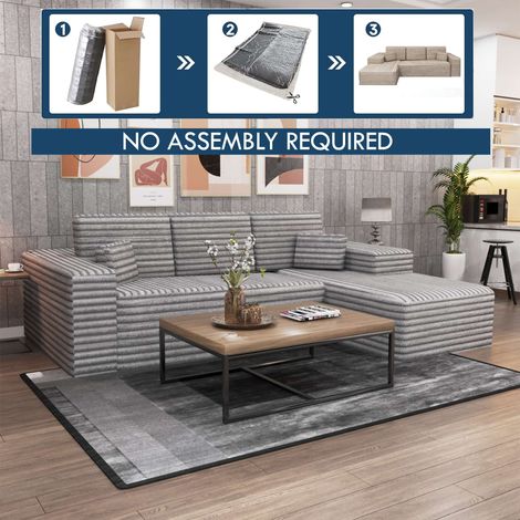 Smart Corduroy L-Shaped Corner Sofa in Left or Right Facing - Grey Right Corner