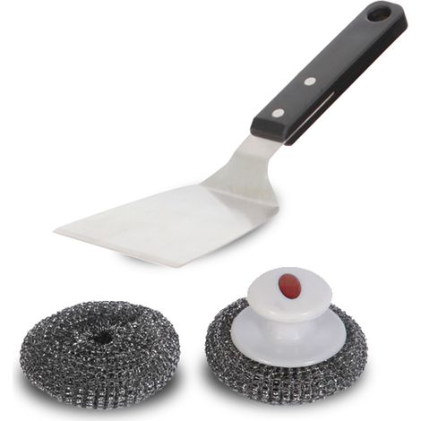 Le Marquier – Kit de nettoyage plancha – 2 boules inox Ø 9.5 cm – Spatule inox pour manipulation – Accessoires de plaque de cuisson (1/3)