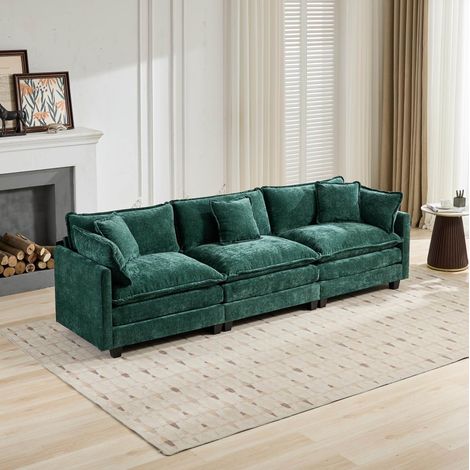 Modulares 3-Sitzer-Sofa aus grüner Chenille, Doppelschaum-Sitzfläche, ergonomisches Rückenkissen (1/5)