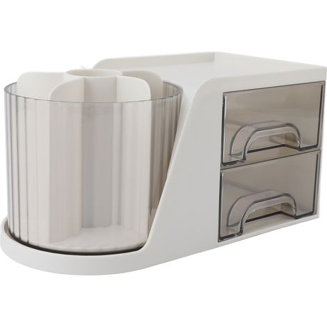 Organiseur de bureau à tiroir rotatif multifonctionnel, porte-papeterie et boîte de rangement pour cosmétiques, blanc (1/5)