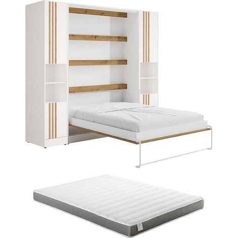 Lit escamotable vertical 140 x 200 cm - 2 colonnes de rangement - Avec tasseaux et LEDs - Blanc et naturel + Matelas - RAPILI (1/5)
