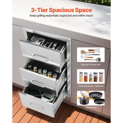 Tiroir Inox de Cuisine d'Extérieur à 3 Espaces de Tiroirs de Rangement en Acier Inoxydable 40x72,5x52,5 cm Commode pour Cuisiner à l'Extérieur Faire un Barbecue Ranger les Ustensiles de Cuisine (1/5)